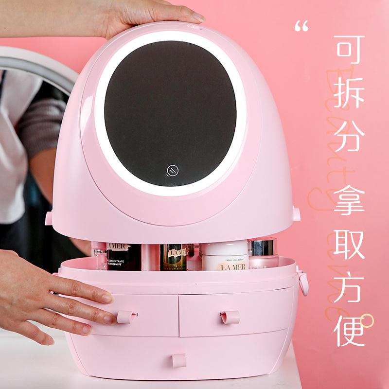 网红化妆品收纳盒LED灯镜子抽屉式手提桌面护肤品置物防尘化妆盒白底实物图