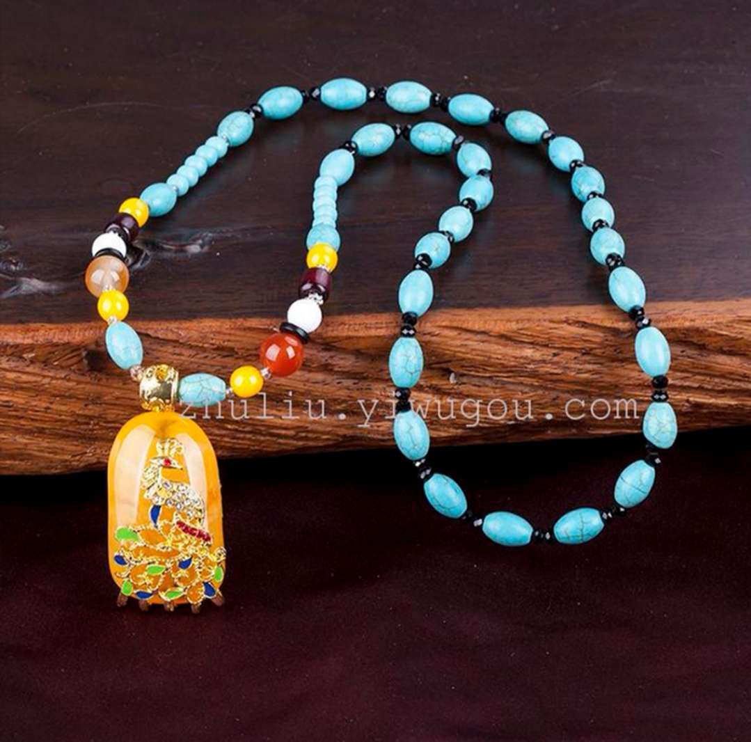 Natural amber and old beeswax necklace, sweater chain, long autumn pendant for women, pendant, ethnic style jewelry details Picture