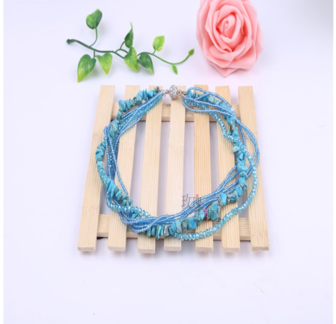 Pomixia multi-layer rice bead necklace, crystal natural stone collarbone chain