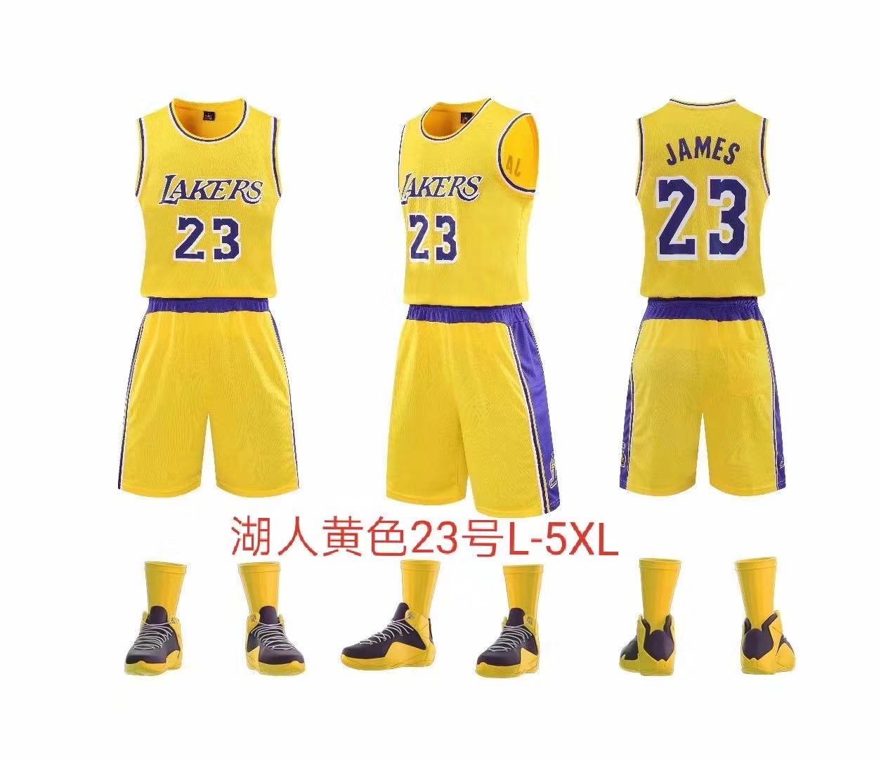厂家批发成人篮球服夏季运动套装韩版英文字母男NbA湖人黄色白色紫色球衣可印刷DiY定制印字印号义乌好货爆款现货批发高档款
