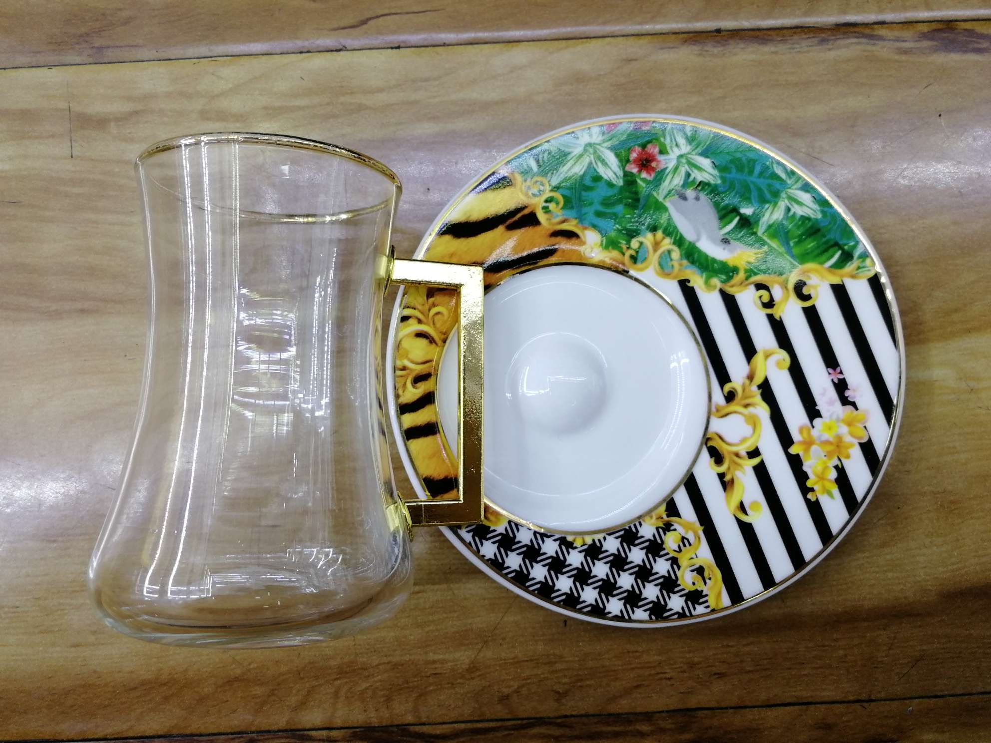 丽玫陶瓷玻璃杯碟六杯六碟动物黑白条纹时尚杯碟虎纹装饰杯碟0018