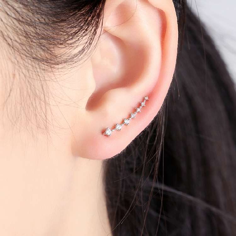 鸣仁饰品 18K白金铂金pt950新款简约钻石直线耳钉排钻水晶耳骨钉莫桑石耳环