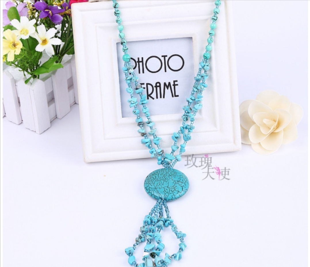 Rosa ángel étnico collar turquesa suéter cadena larga cadena versátil mujer colgante joyería vintage undefined