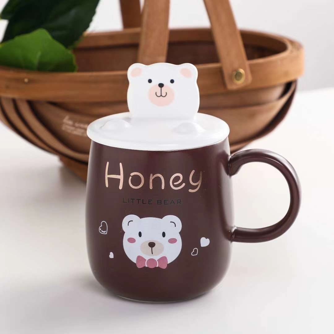 Creative Internet Celebrity Popular Bear Ceramic Cup Cover Multi-Functional Water Cup Four-Color Mixed Ceramic Cup