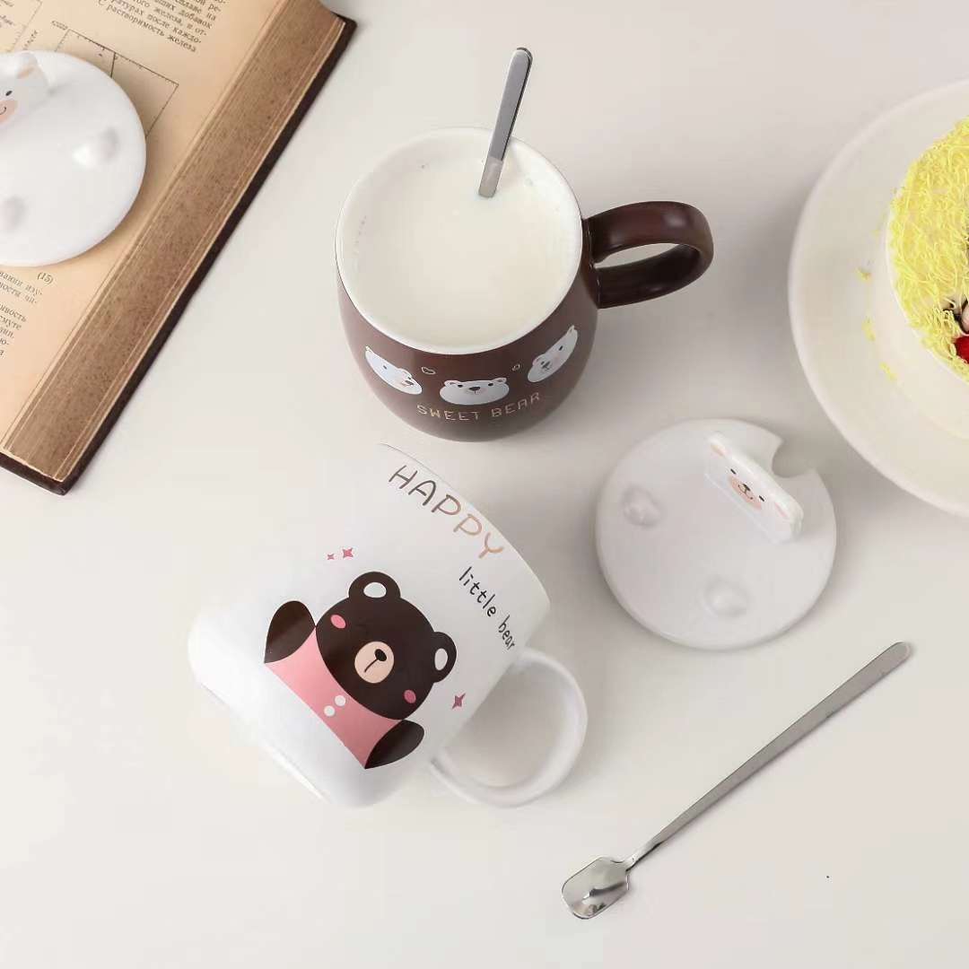 Creative Internet Celebrity Popular Bear Ceramic Cup Cover Multi-Functional Water Cup Four-Color Mixed Ceramic Cup details Picture
