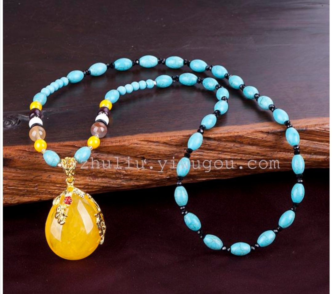 Natural amber and old beeswax necklace, sweater chain, long autumn pendant for women, pendant, ethnic style jewelry Item Picture