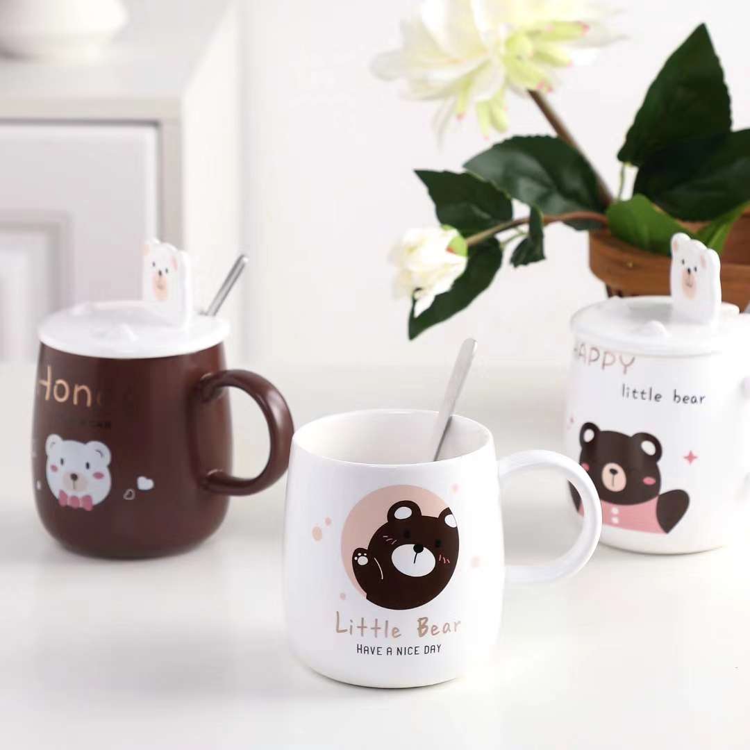 Creative Internet Celebrity Popular Bear Ceramic Cup Cover Multi-Functional Water Cup Four-Color Mixed Ceramic Cup Specification drawing