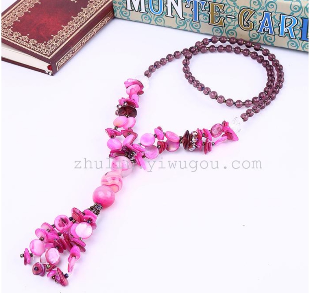 High-end, fully handcrafted, pure natural crystal agate, shell glass beads, long sweater necklace Item Picture
