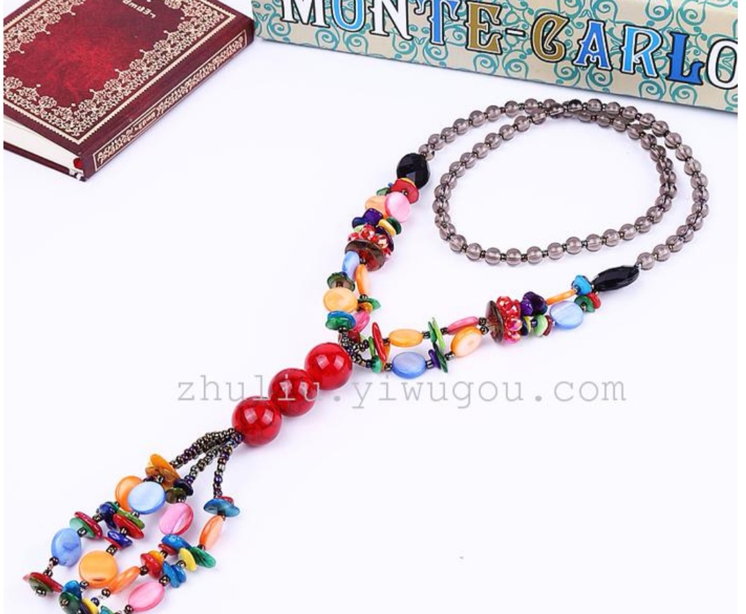 High-end, fully handcrafted, pure natural crystal agate, shell glass beads, long sweater necklace details Picture