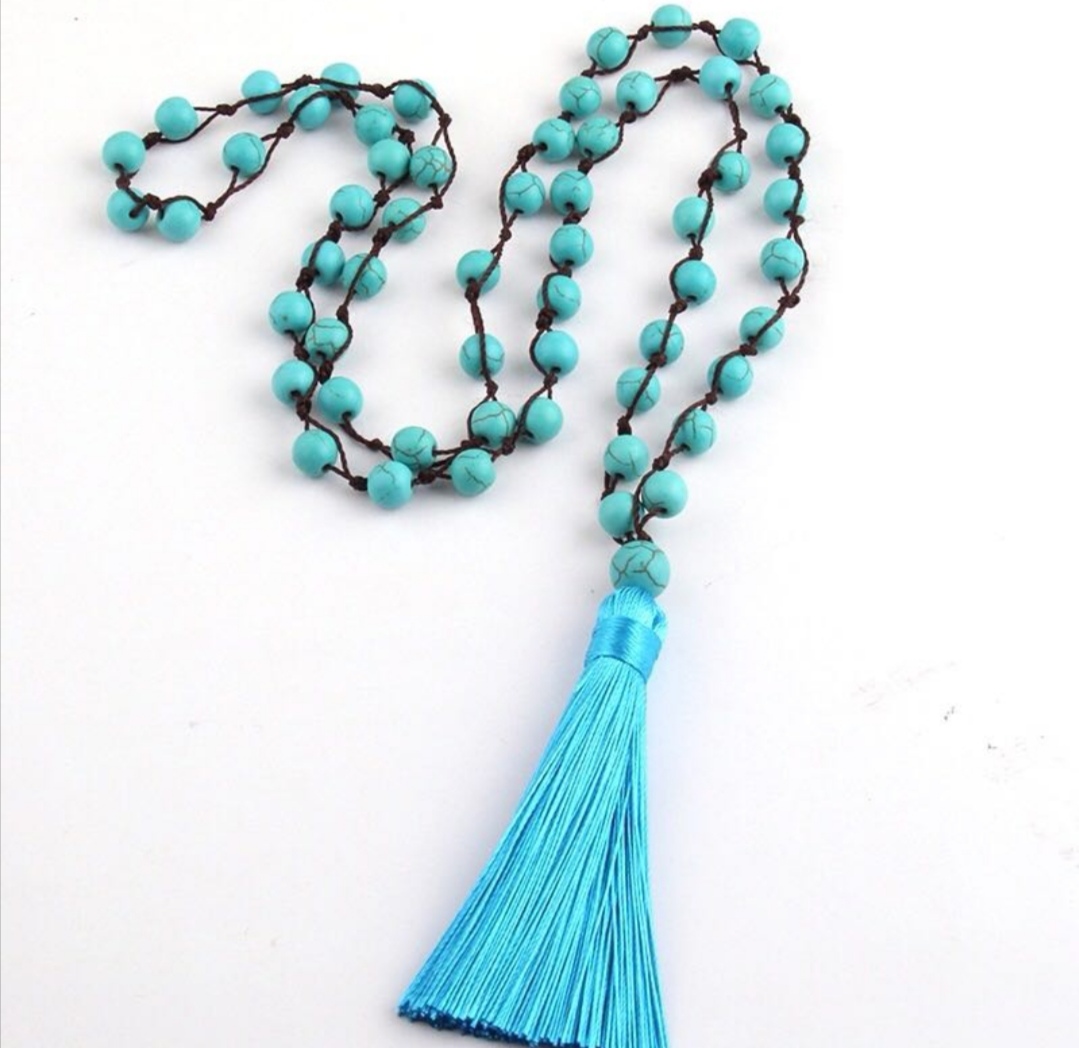 Fashionable knotted natural stone Bohemian long tassel pendant necklace Item Picture