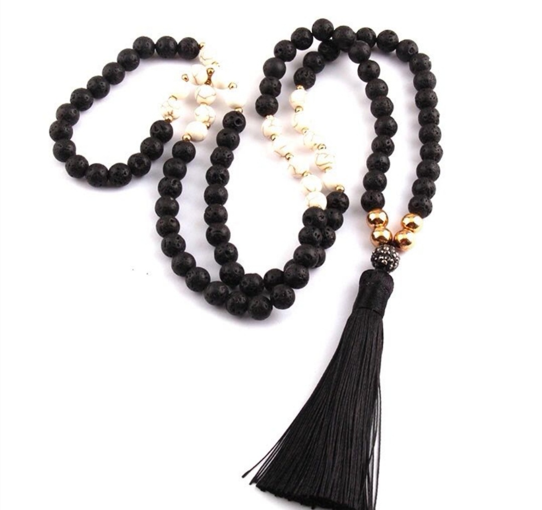 Bohemian fashion gemstone long necklace with tassels, handcrafted sweater chain undefined
