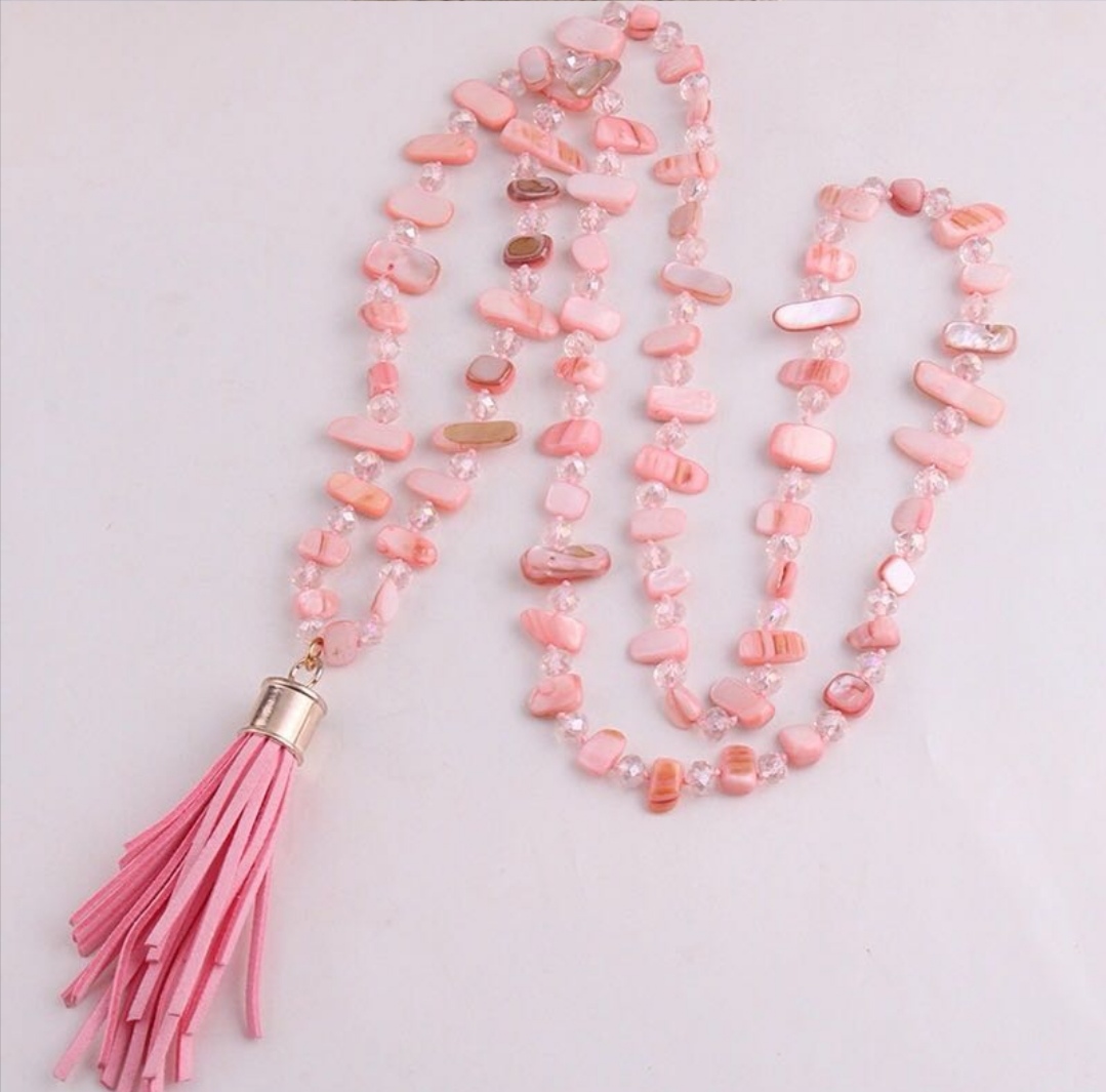 Rose angel pink shell and crystal bead necklace with knotted tassels Specification image