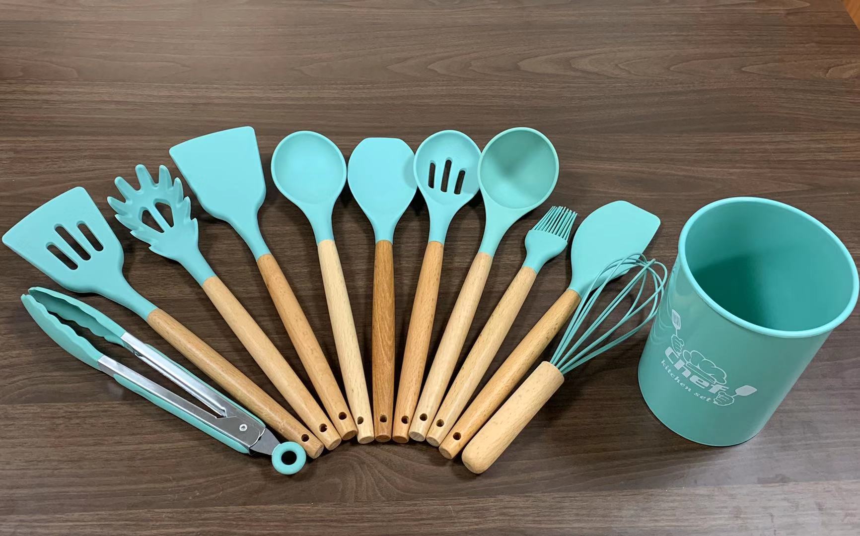 12Pc Wooden Handle Silicone Kitchen Utensils Color Mixing, Kitchen Supplies Household Necessities undefined