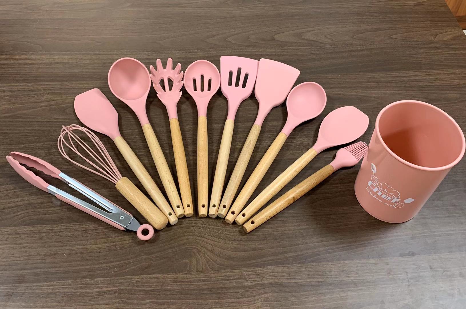 12Pc Wooden Handle Silicone Kitchen Utensils Color Mixing, Kitchen Supplies Household Necessities Item Picture