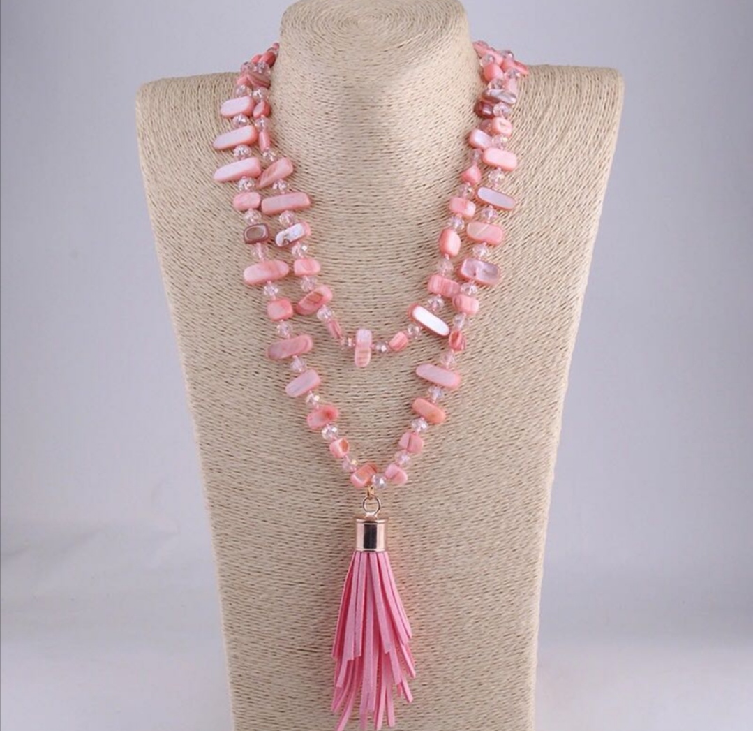 Rose angel pink shell and crystal bead necklace with knotted tassels Item Picture