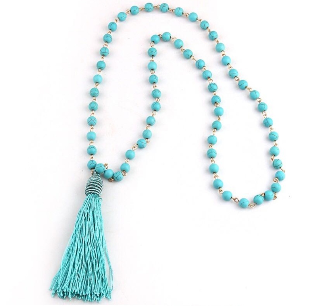 Bohemian fashion gemstone long necklace with tassels, handcrafted sweater chain Item Picture