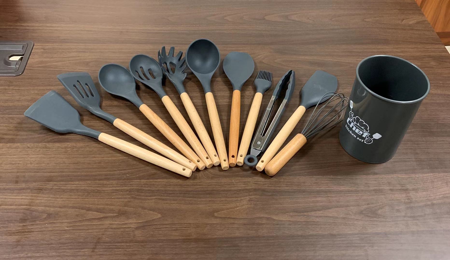 12Pc Wooden Handle Silicone Kitchen Utensils Color Mixing, Kitchen Supplies Household Necessities undefined