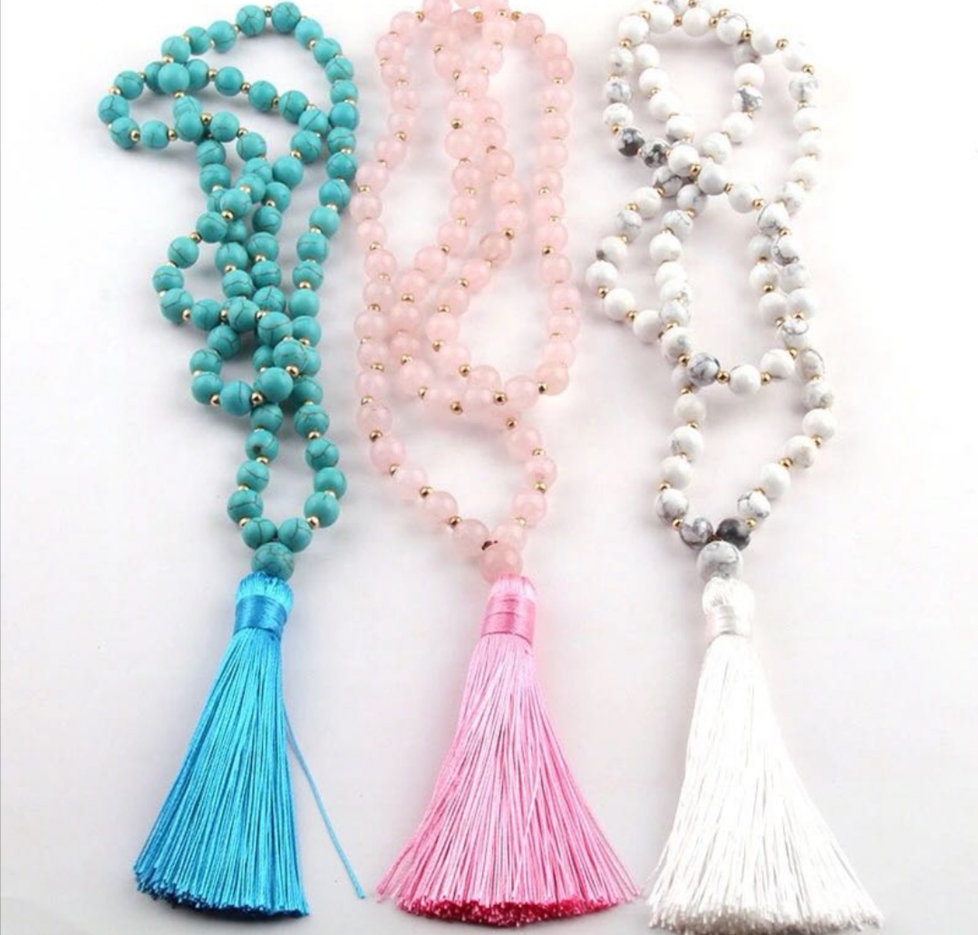 Bohemian fashion gemstone long necklace with tassels, handcrafted sweater chain details Picture