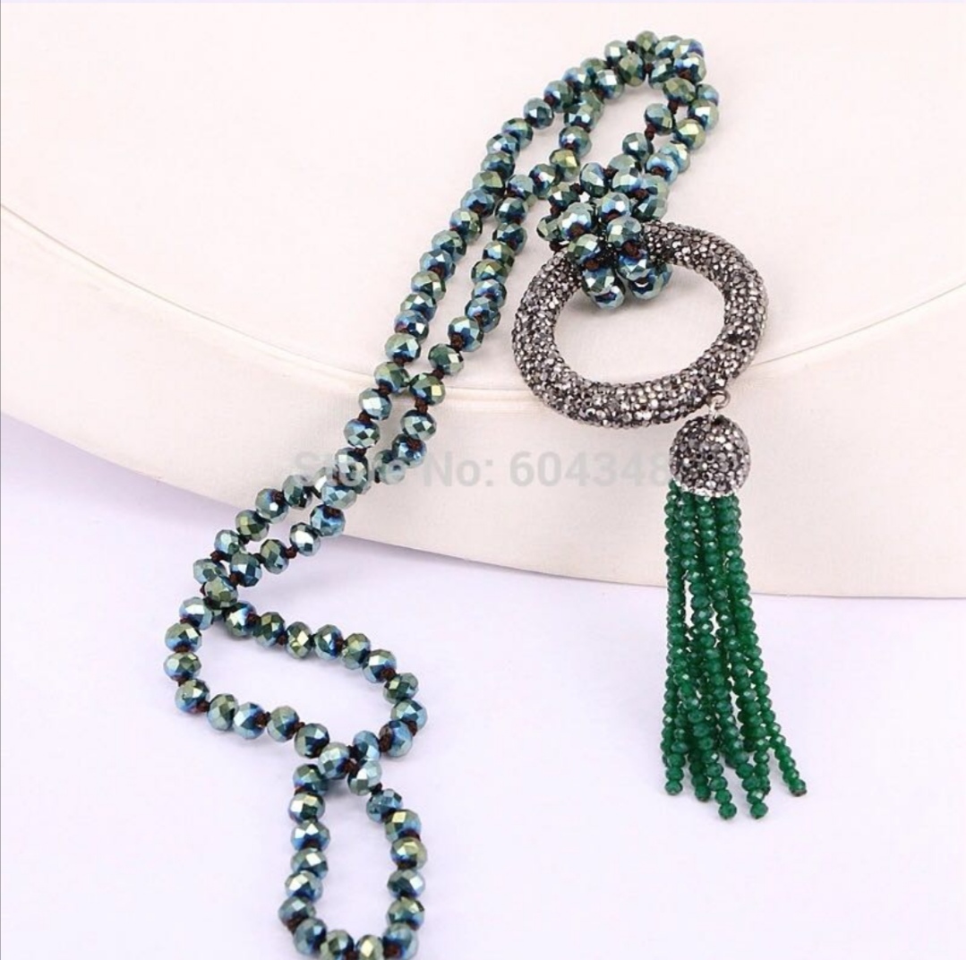Fashionable Bohemian knotted long glass crystal sweater chain rhinestone tassel long chain Item Picture