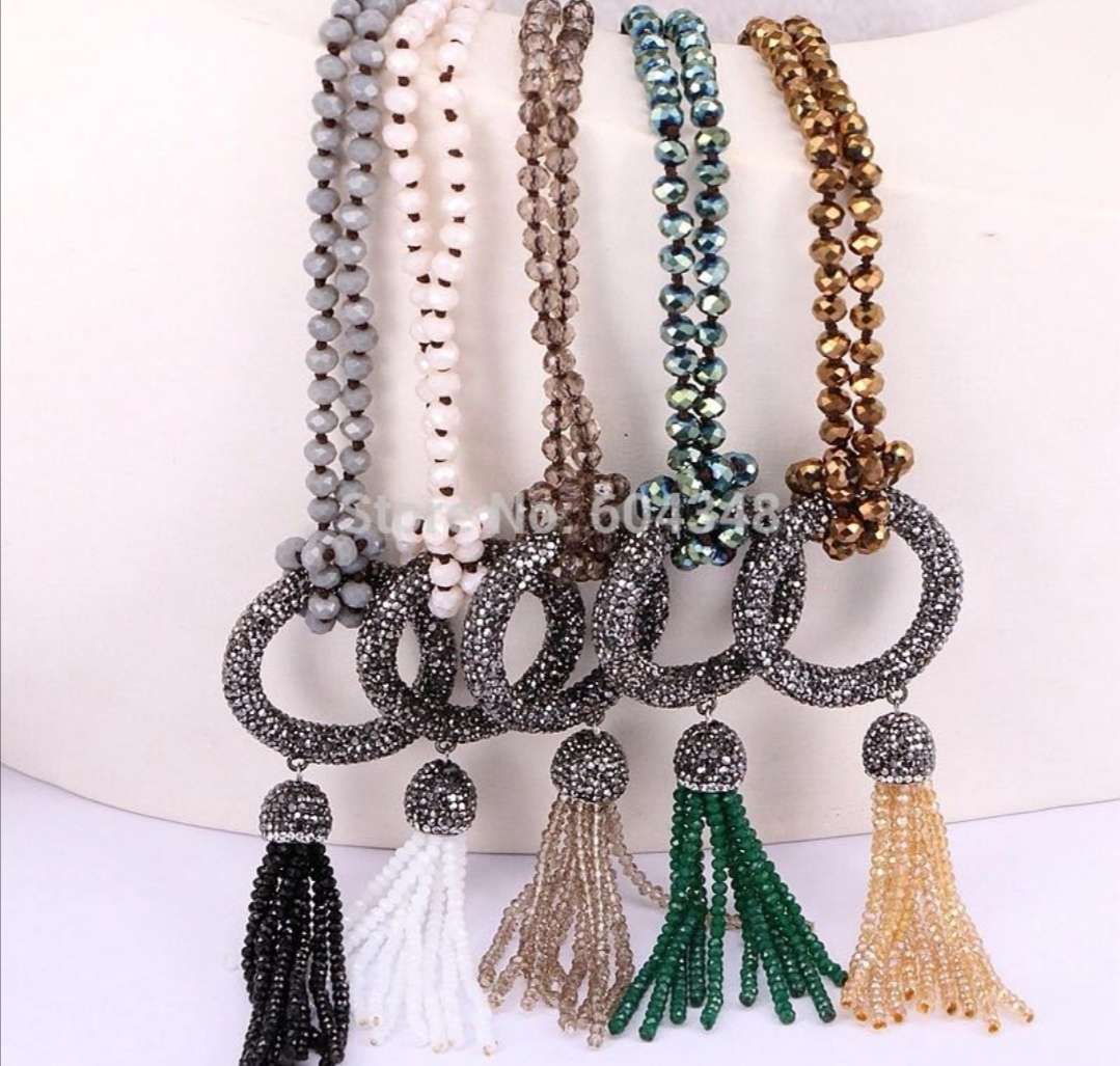 Fashionable Bohemian knotted long glass crystal sweater chain rhinestone tassel long chain details Picture