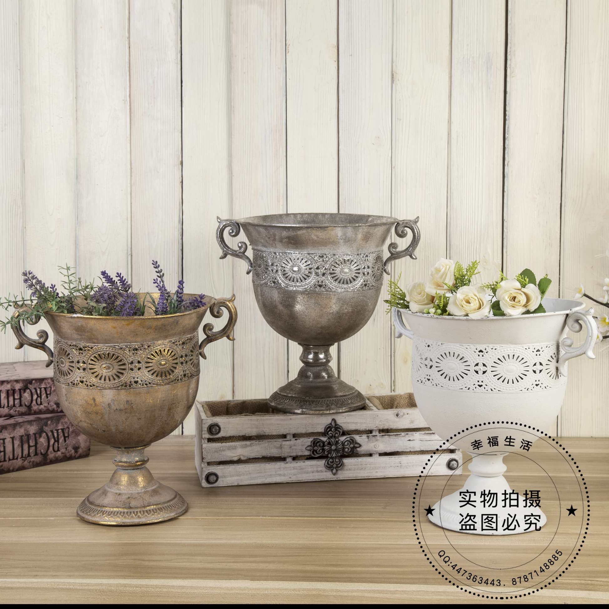 昊蓁ins现代简约复古做旧花器 花瓶花翁花盆复古欧式铁艺插花器7108