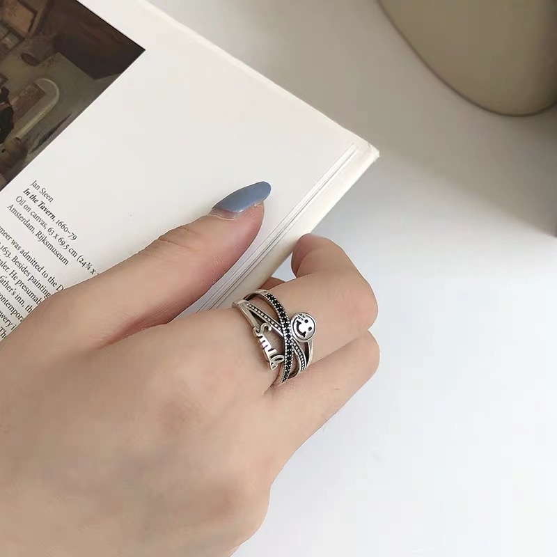S925 sterling silver tail ring Instagram Japanese and Korean smiling face trend open ring retro Thai silver Hip-hop personality thumbnail