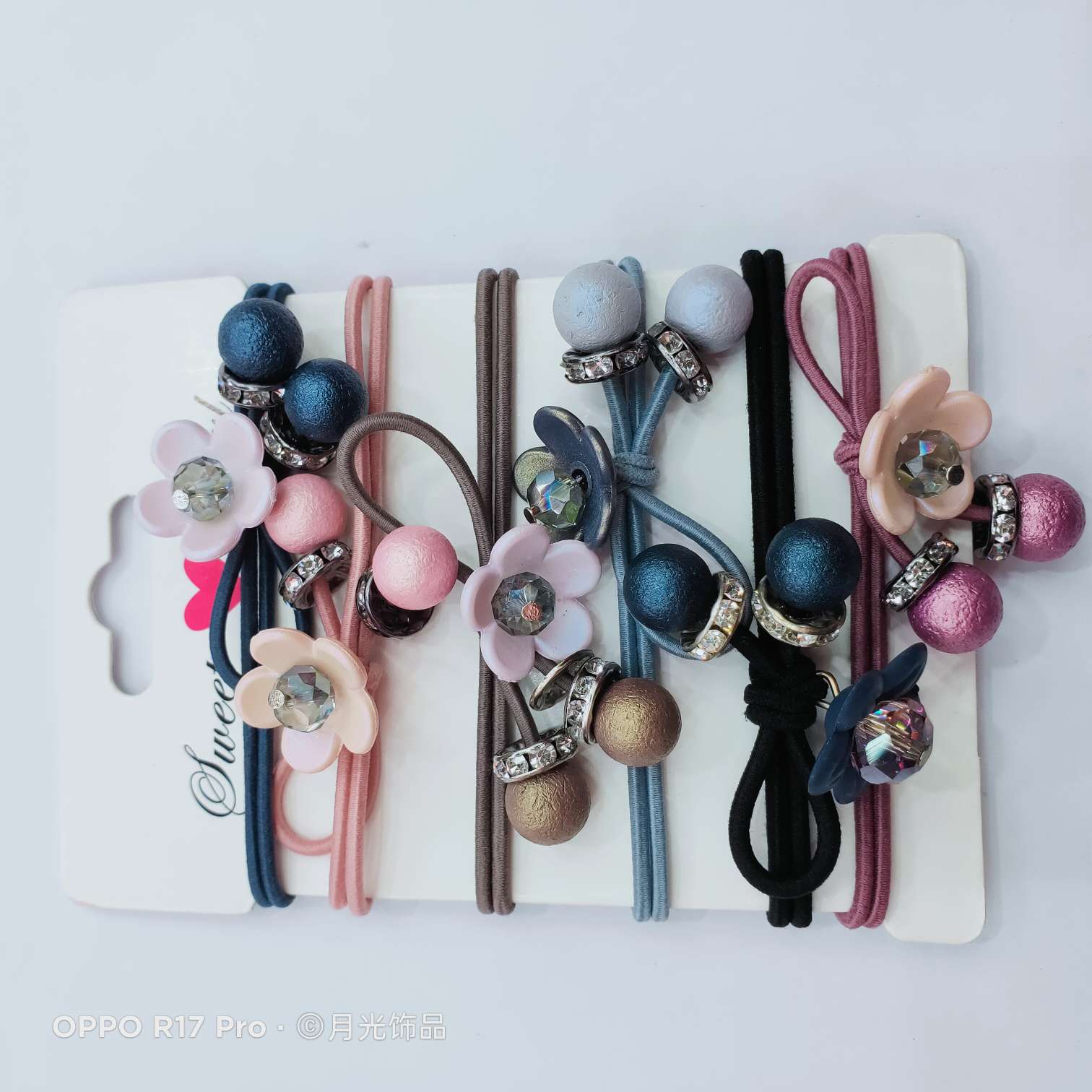Korean-style trendy wrinkled pearl crystal small flower knotted leather band hair band hair tie leather case undefined