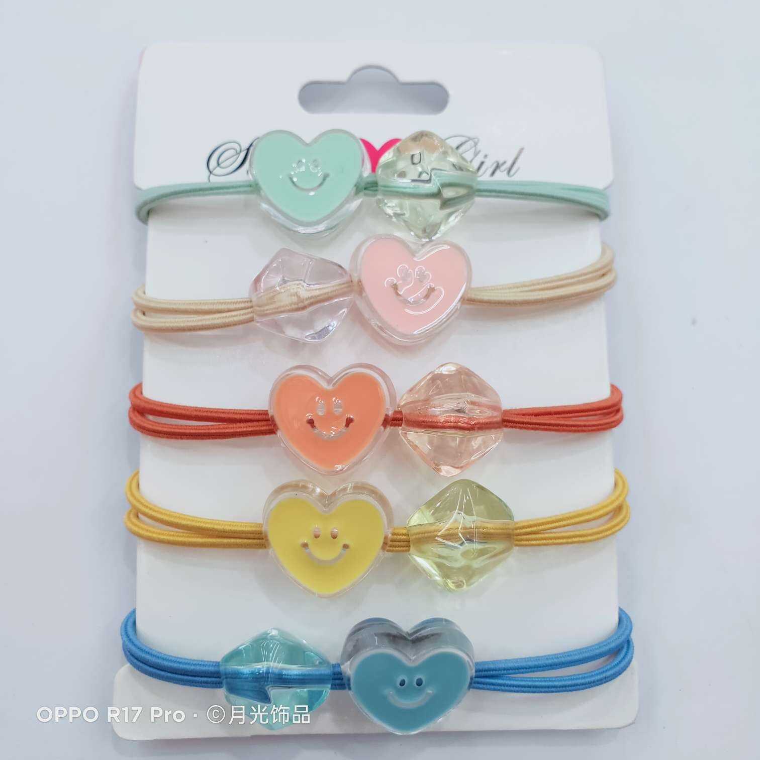 Korean trendy and fashionable macaron-colored smiling face, heart, transparent corner beads, knotted leather band, hair band and leather case details Picture