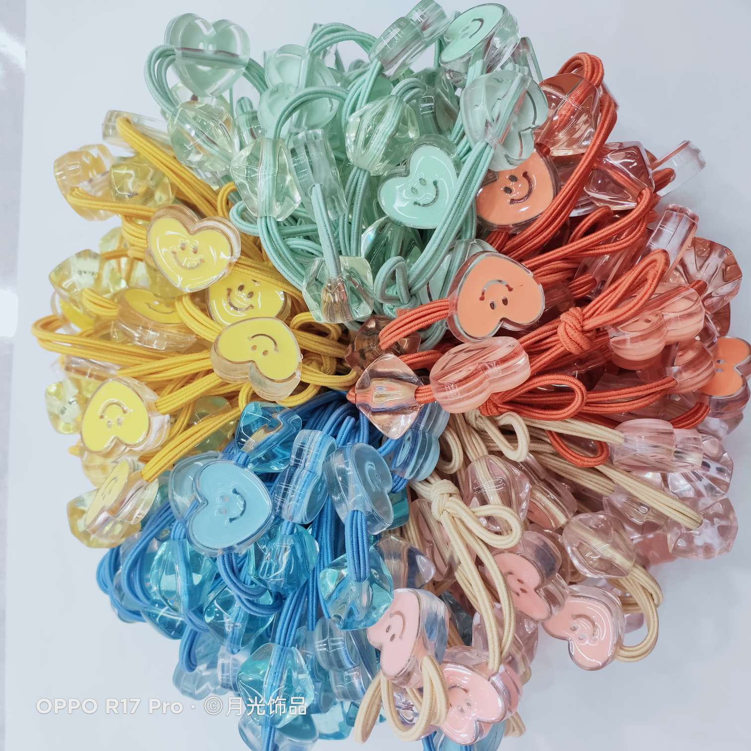 Korean trendy and fashionable macaron-colored smiling face, heart, transparent corner beads, knotted leather band, hair band and leather case Item Picture