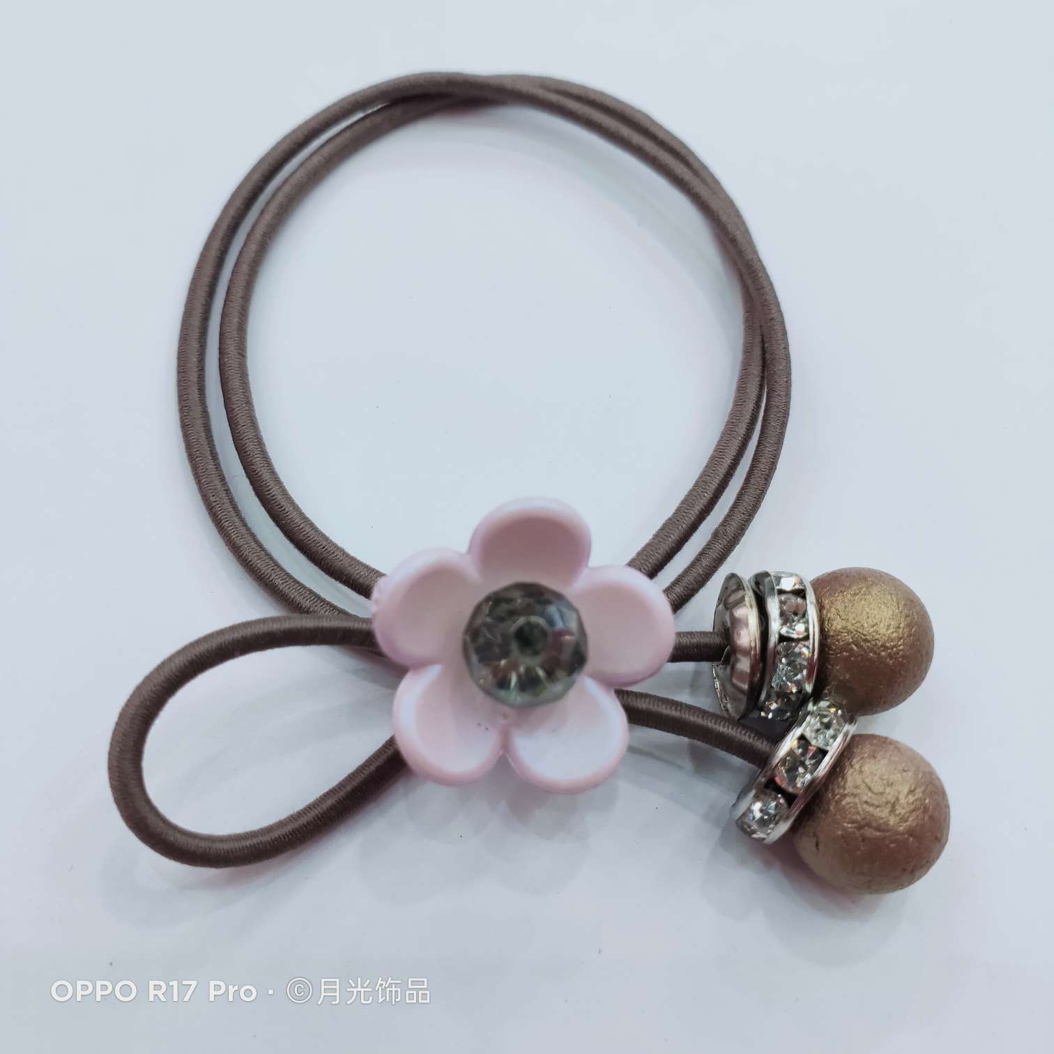 Korean-style trendy wrinkled pearl crystal small flower knotted leather band hair band hair tie leather case Item Picture