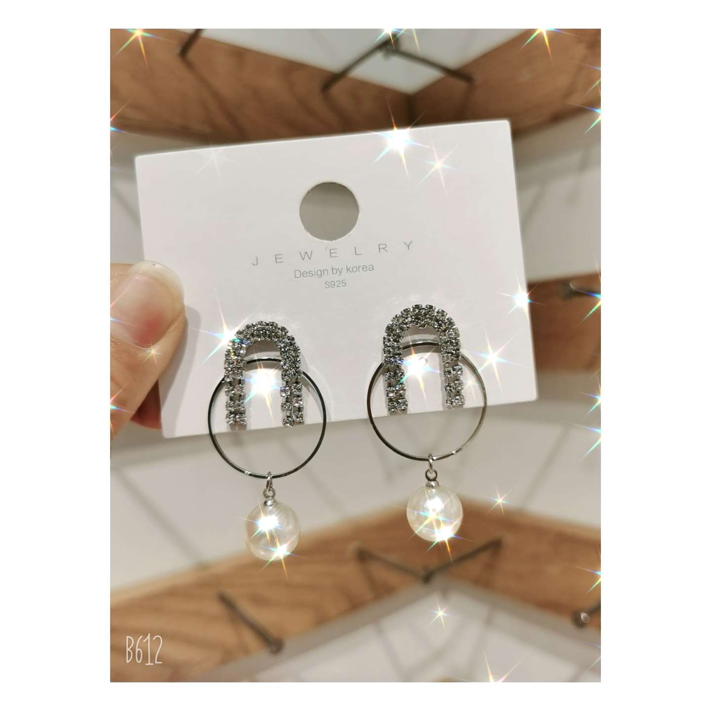 Korean hot style silver needle diamond ring pearl stud earrings thumbnail
