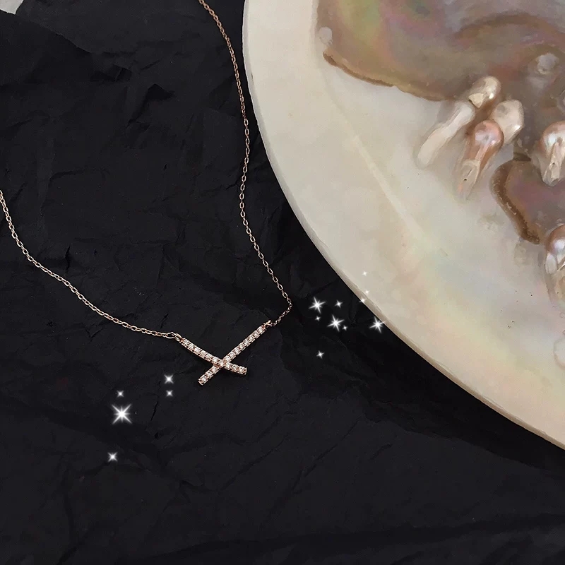 Korean simple temperament micro-inlaid zircon small fork pendant female clavicle chain chain