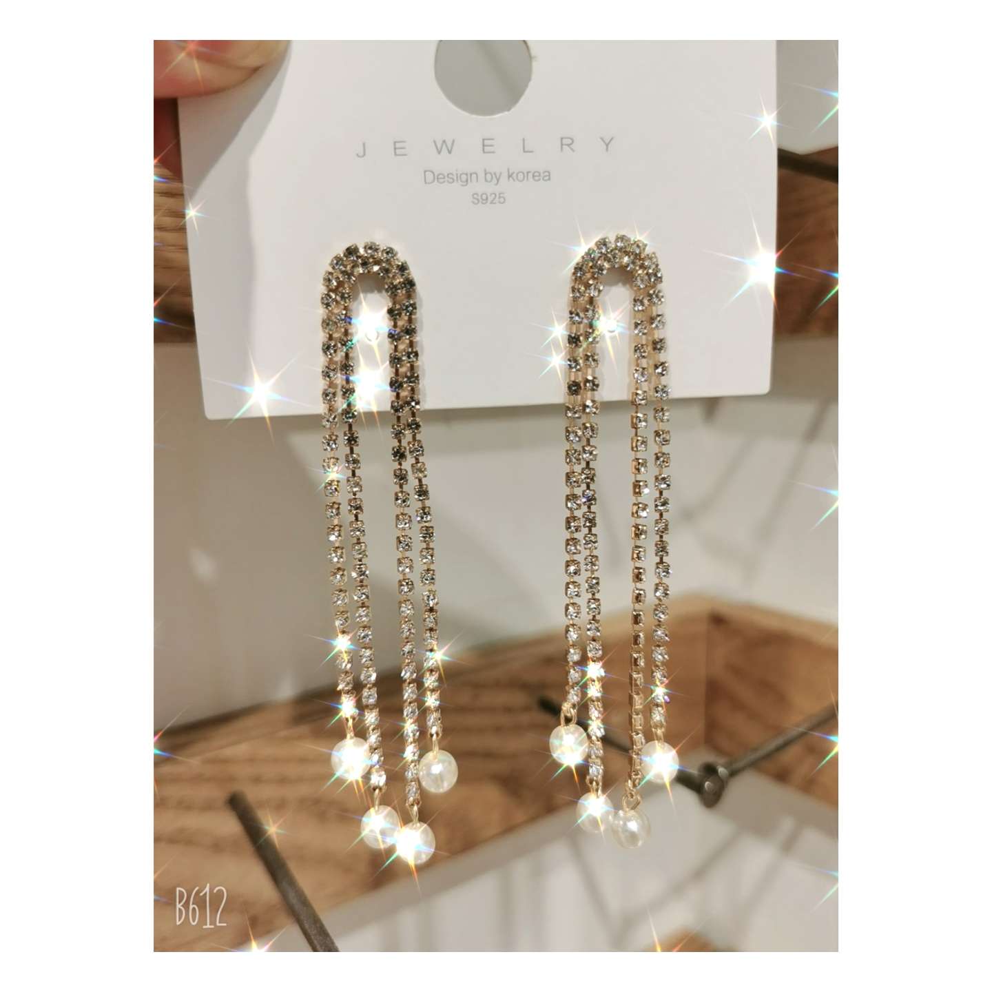 Korean hot style silver needle double diamond chain pearl stud thumbnail