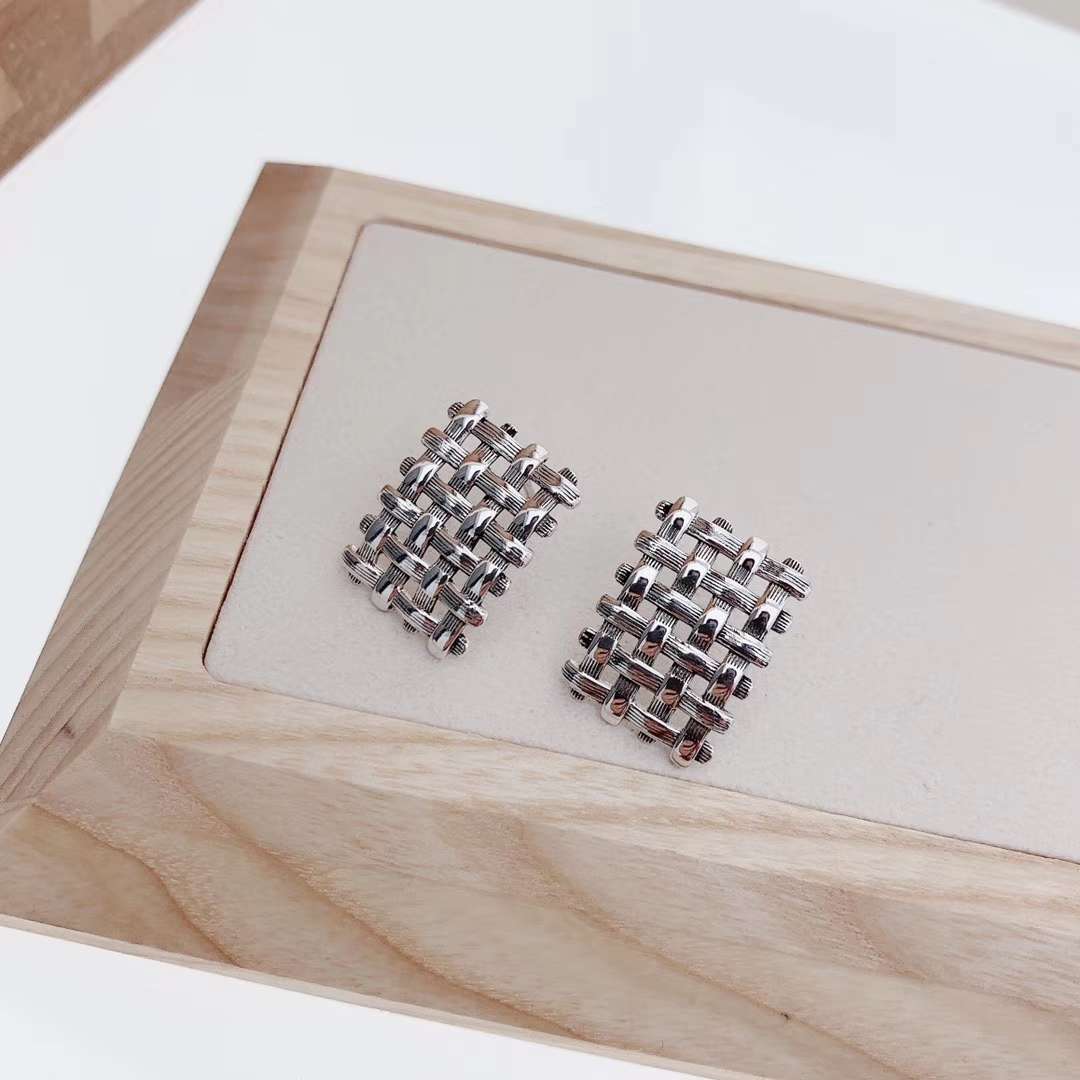 S925 sterling Silver INS style simple joker metallic woven design texture earrings earrings silver stud silver ornaments