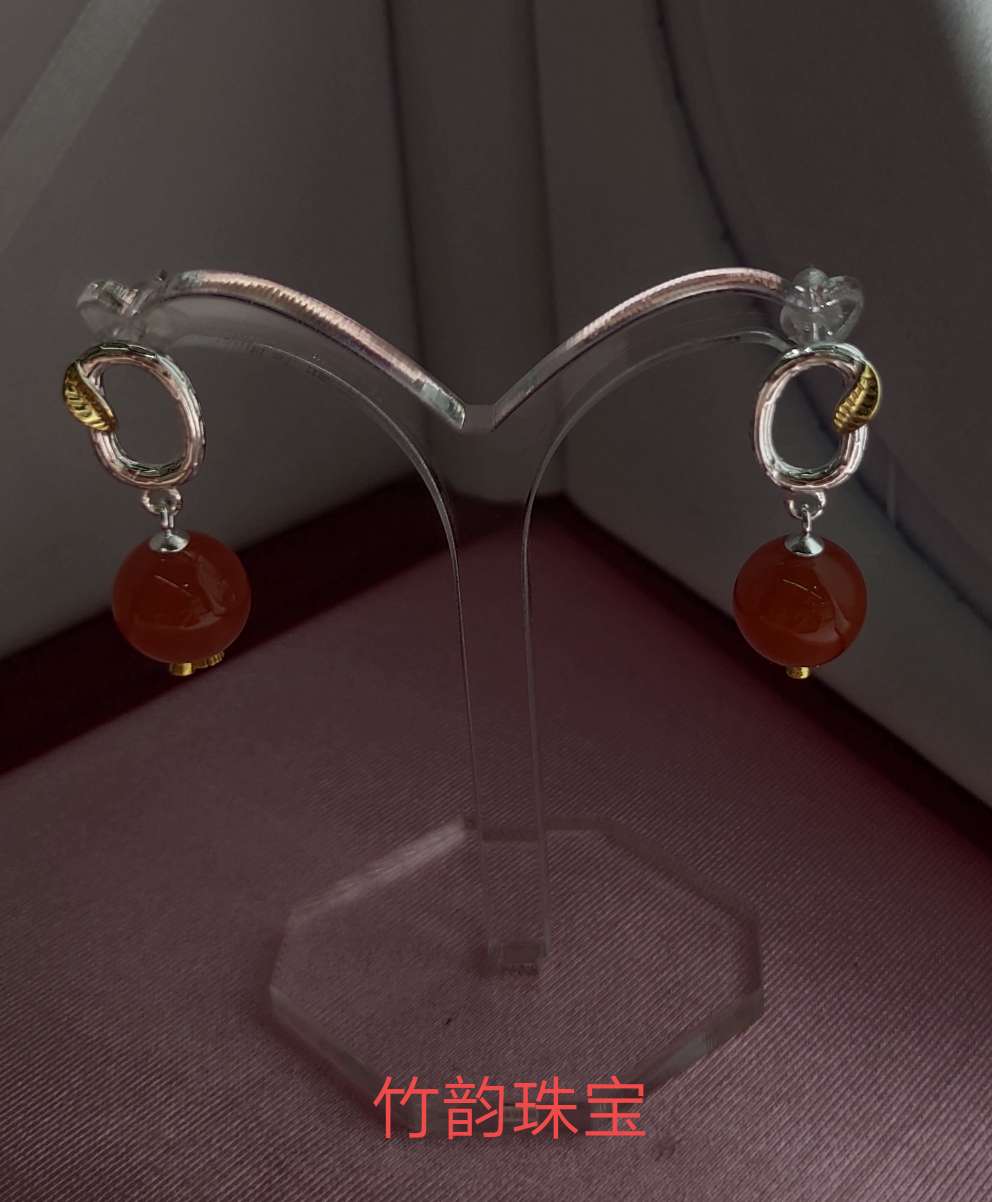 10mm南红圆珠+纯银耳钉非常时尚有个性与众不同的感觉自戴送礼很有面子批发价销售详情图3