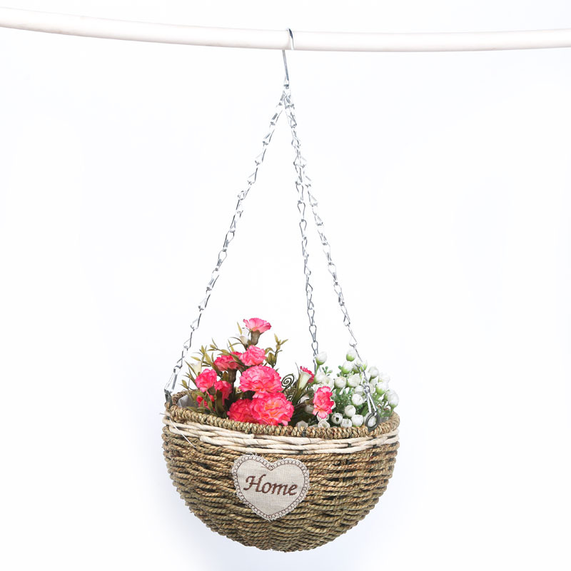 Wall-mounted decorative straw woven iron chain hook-style flower baskets, wall-mounted flower baskets, balcony flower POTS, woven spider plants, flower basket sets, 2 spider plants details Picture
