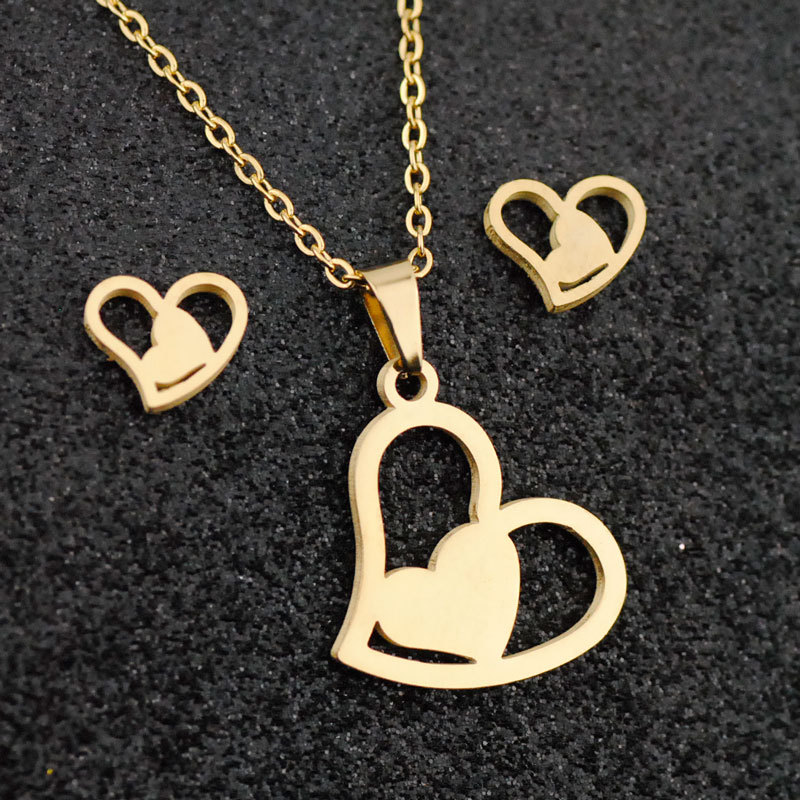 镂空桃心爱心吊坠项链锁骨链耳钉耳环不锈钢套链镀金色饰品