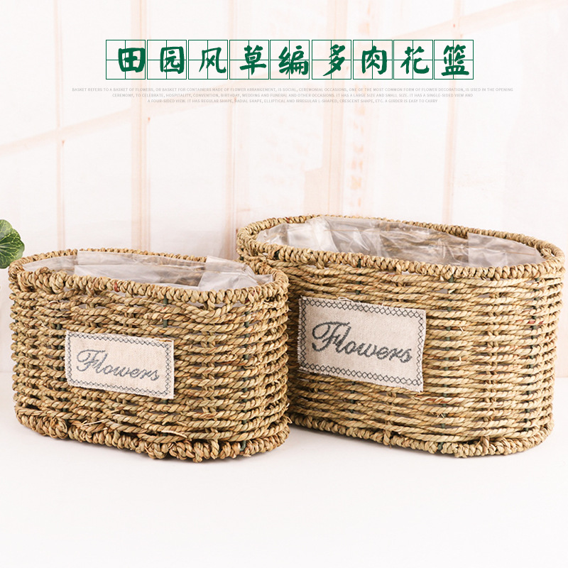 Factory Direct Sales Garden Home Decoration Grass Woven Rattan Basket Flower Vase Arrangement Green Plant Succulent Pot Pot Set 2 Flower Baskets