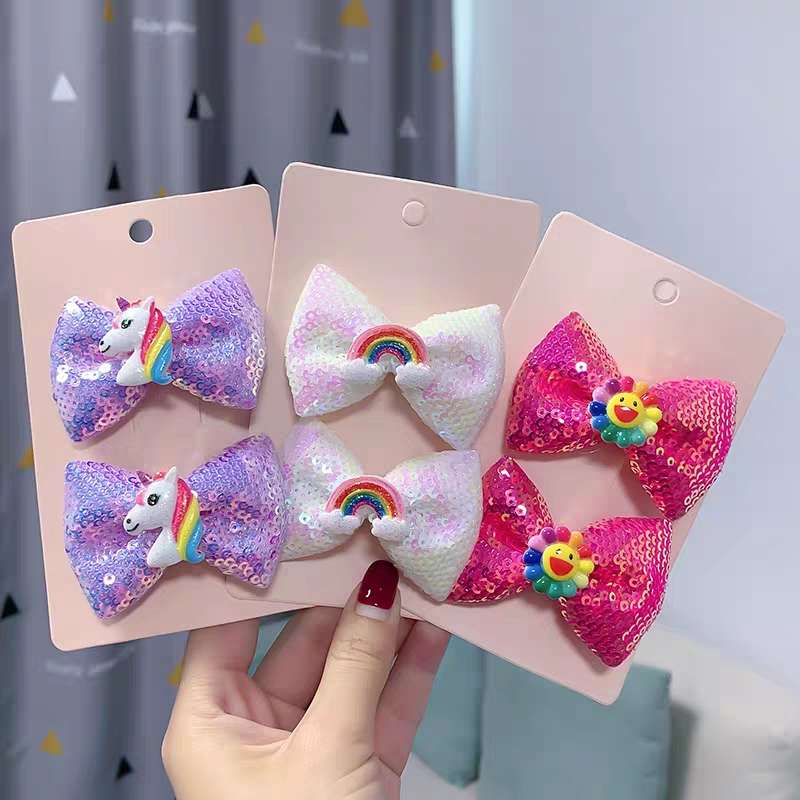 外贸爆款亚马逊虾皮儿童火爆套装对夹独角兽彩虹笑脸亮片发夹对夹