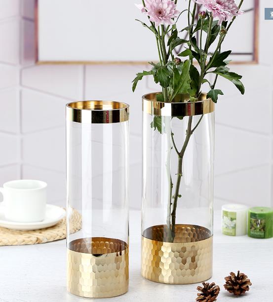 Nordic light luxury gilded glass vase, transparent golden-mouthed flower arrangement, lucky bamboo hydroponic flower vase, simple living room decoration, 1025 engraved gold