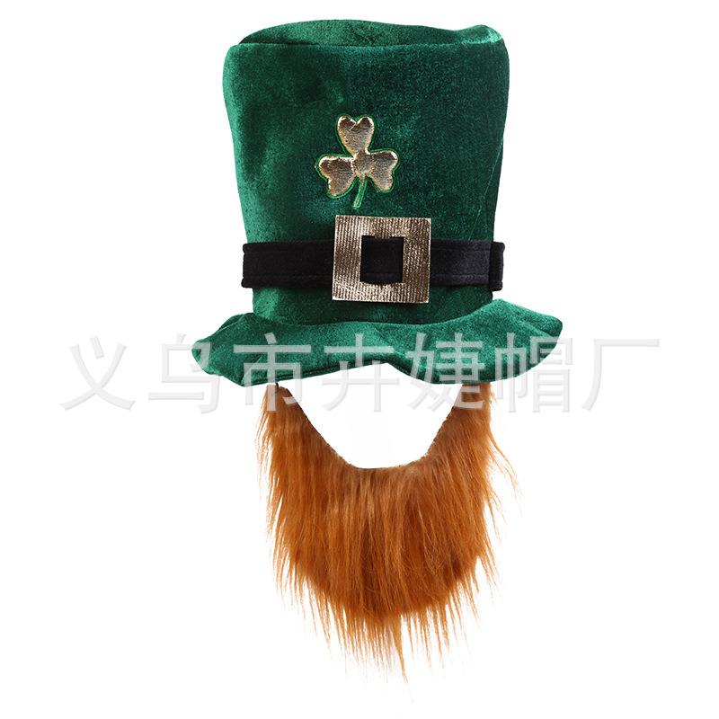 绿色金丝绒复合海绵高帽，贴绣三叶草棕色假发