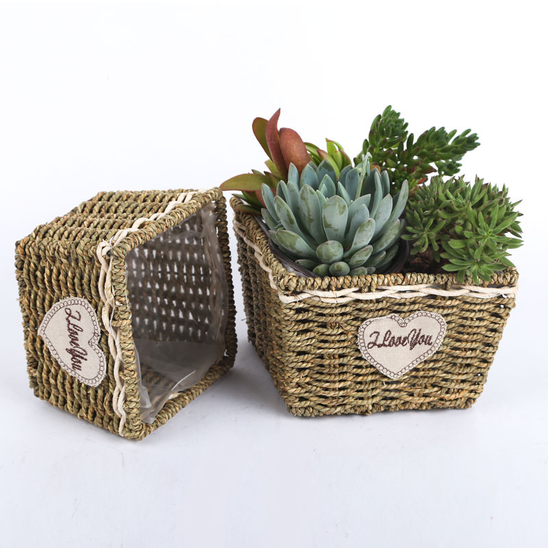 Origin Handmade Creative Willow Flower Basket Lovely Garden Wind Grass Flower Pot Furniture Decoration Woven Fleshy Vase Square Large Small Set 2 Flower Basket Specification drawing