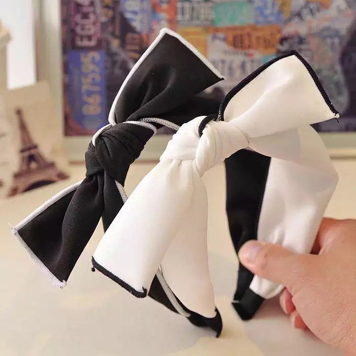 Black and white fringe rabbit ear bow hair hoop web celebrityhot style thumbnail
