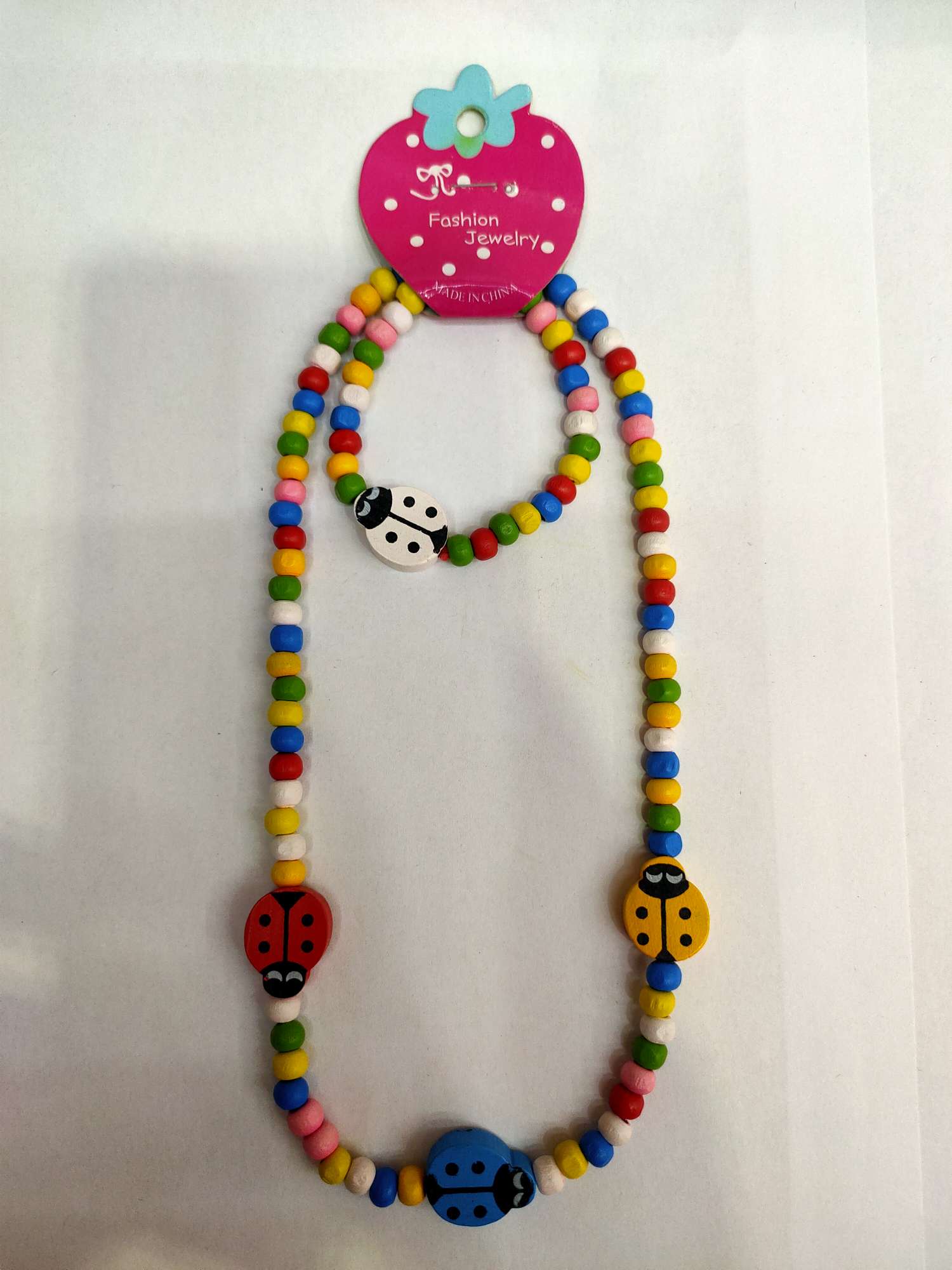 Pure little Beetle new sweet style children's wooden bead bracelet necklace set colorful wood products thumbnail