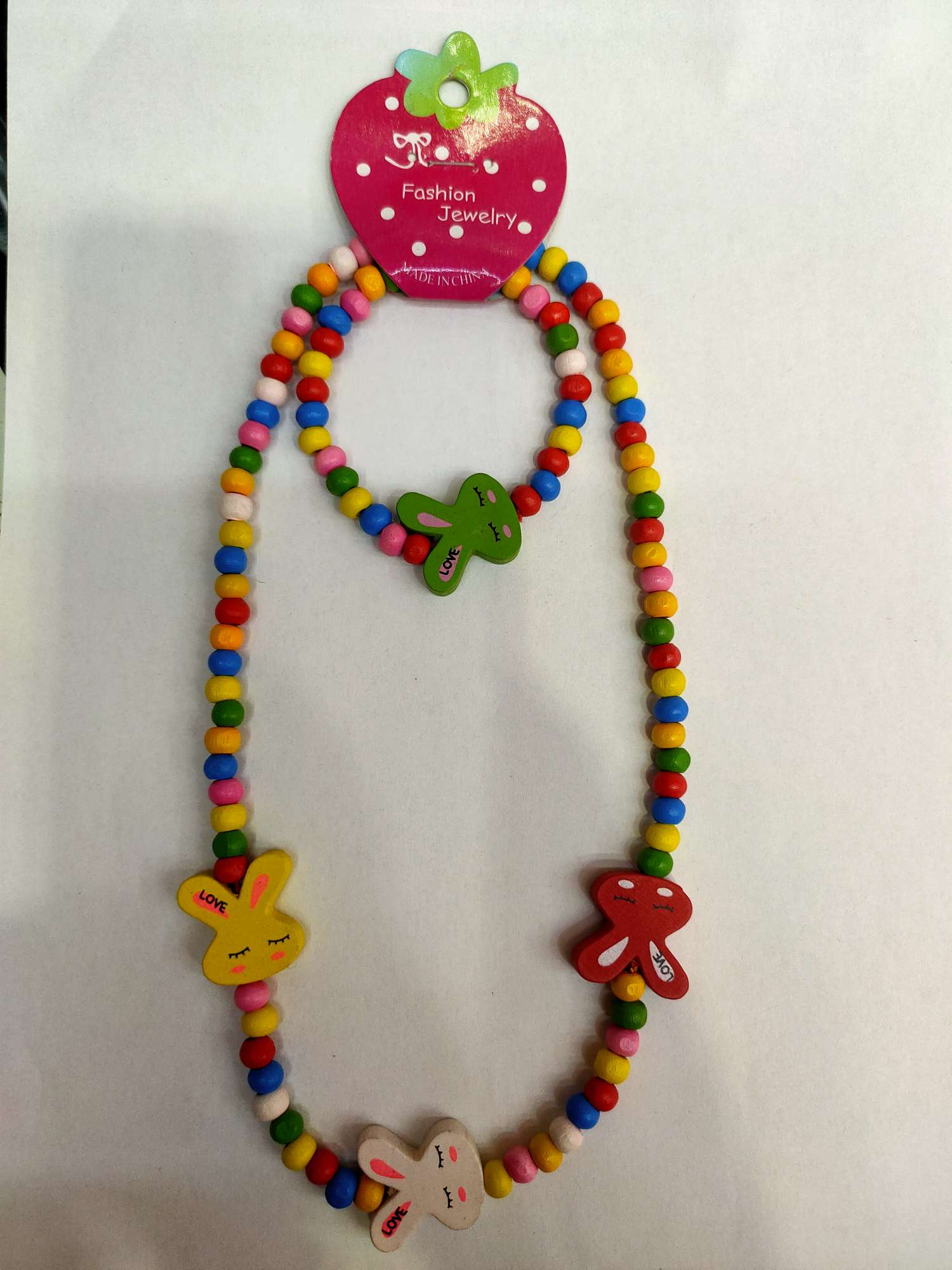 Pure rabbit head new sweet style children's wooden bead bracelet necklace set colorful wooden products