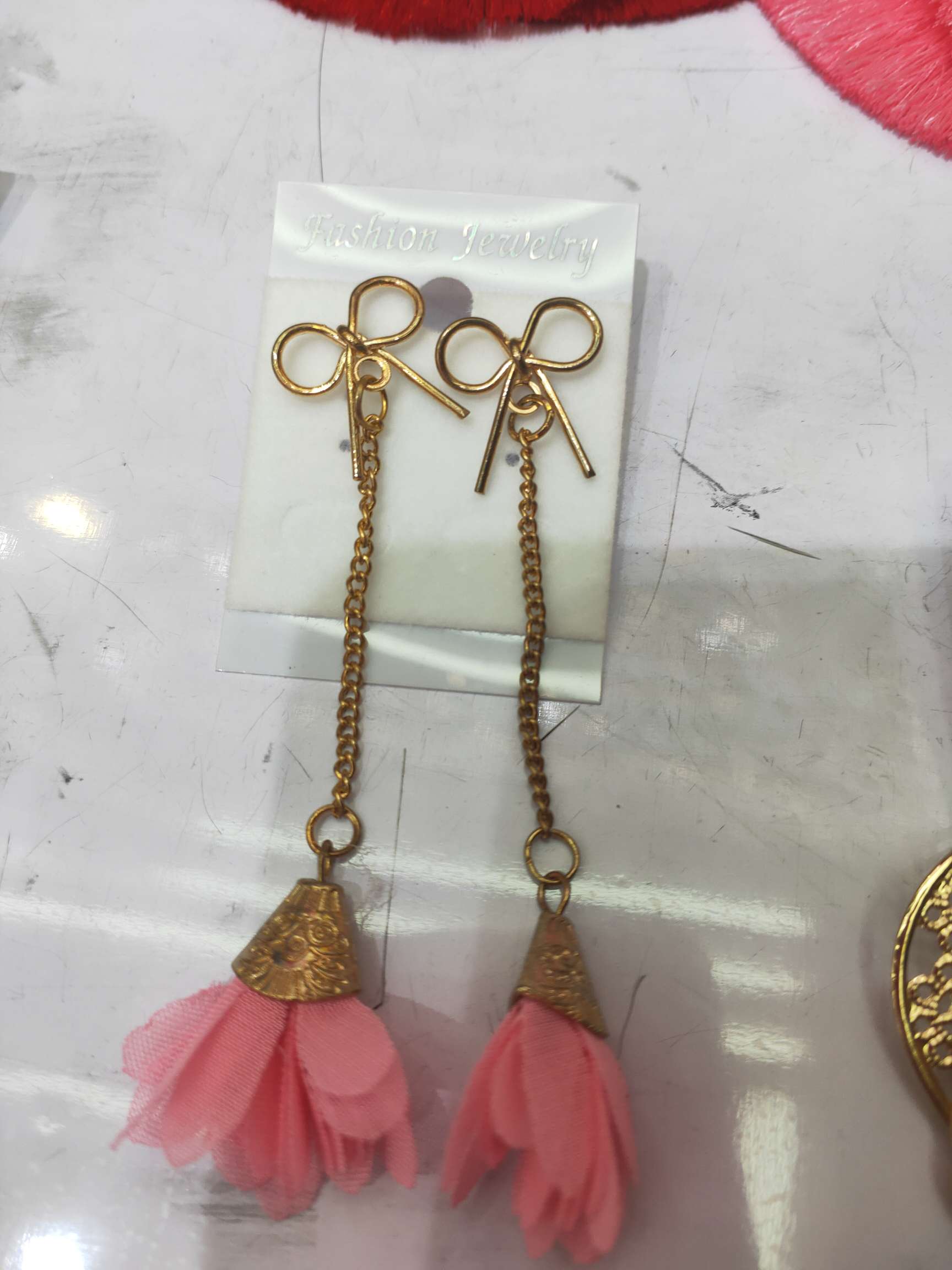 长条蝴蝶结布花耳环