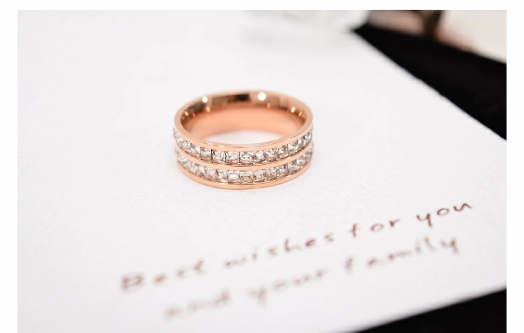 日韩版时尚满钻镀18K玫瑰金钛钢戒指女食指环精品戒子饰品不褪色 双排锆石产品图