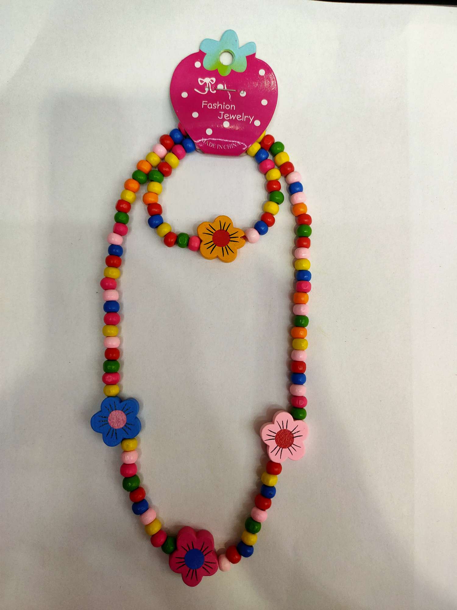 Pure five-leaf flower belt must new sweet style children's wooden bead bracelet necklace set of colorful wood products thumbnail