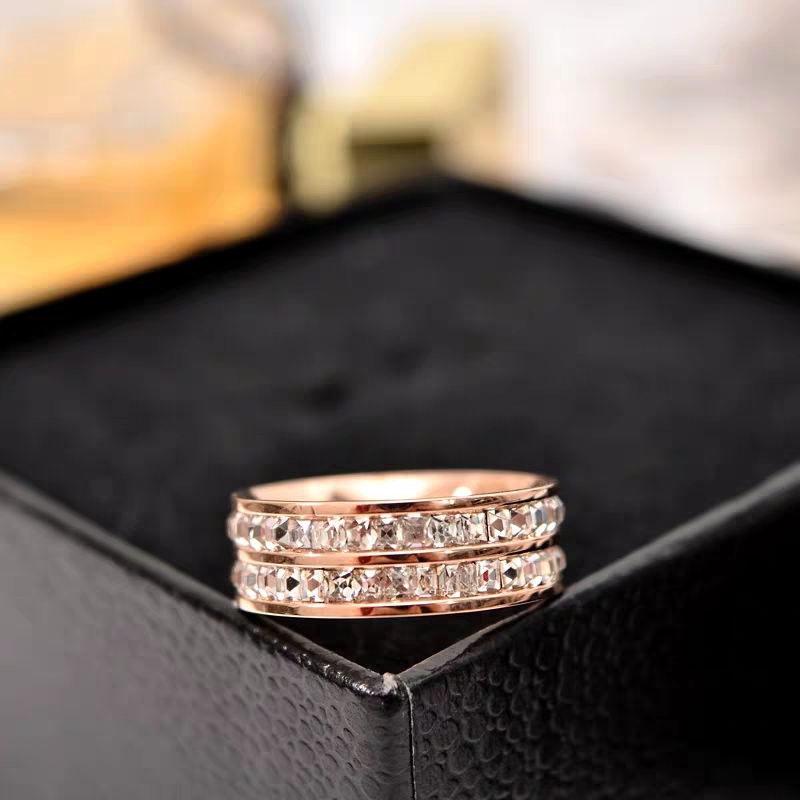 日韩版时尚满钻镀18K玫瑰金钛钢戒指女食指环精品戒子饰品不褪色 双排锆石图
