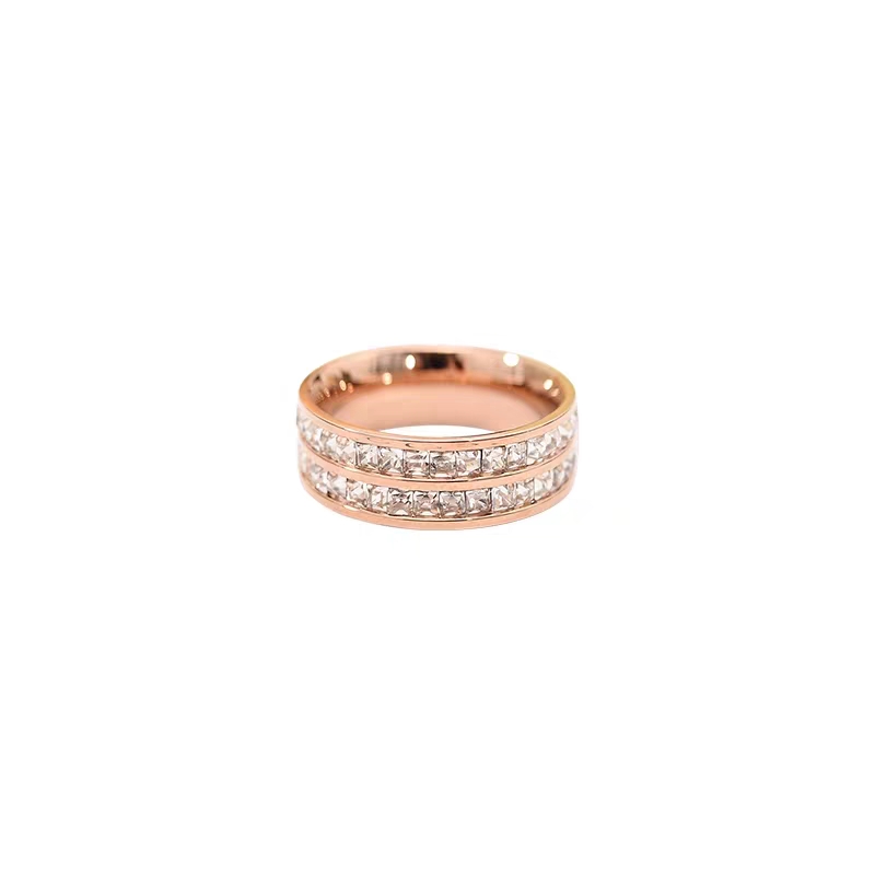 日韩版时尚满钻镀18K玫瑰金钛钢戒指女食指环精品戒子饰品不褪色 双排锆石细节图